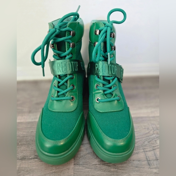Green Chunky Lug Sole Combat Boots Shoes, Mixed Texture Design Women's 6.5, New - Picture 3 of 16